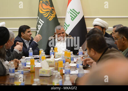 May 6, 2018 - A political meeting takes place to establish the Shia Fatah Alliance, which is political coalition participating in the 2018 Iraqi elections. It is led by the former senior commander of the Hashd al-Shaabi (Popular Mobilisation Forces) and Secretary General of the Badr Organization, Hadi Al- Amiri. The Shia Fatah Alliance is very popular among Iraqi people; it is one the prominent coalition in the elections, and the closest to Iran. The Popular Mobilisation Forces had joined the Iraqi army and played a fundamental role in the fight against the Islamic State. Parliamentary and loc Stock Photo