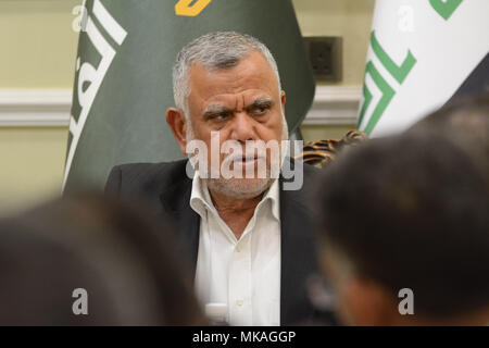 May 6, 2018 - A political meeting takes place to establish the Shia Fatah Alliance, which is political coalition participating in the 2018 Iraqi elections. It is led by the former senior commander of the Hashd al-Shaabi (Popular Mobilisation Forces) and Secretary General of the Badr Organization, Hadi Al- Amiri. The Shia Fatah Alliance is very popular among Iraqi people; it is one the prominent coalition in the elections, and the closest to Iran. The Popular Mobilisation Forces had joined the Iraqi army and played a fundamental role in the fight against the Islamic State. Parliamentary and loc Stock Photo