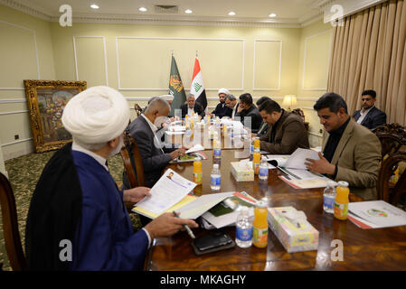 May 6, 2018 - A political meeting takes place to establish the Shia Fatah Alliance, which is political coalition participating in the 2018 Iraqi elections. It is led by the former senior commander of the Hashd al-Shaabi (Popular Mobilisation Forces) and Secretary General of the Badr Organization, Hadi Al- Amiri. The Shia Fatah Alliance is very popular among Iraqi people; it is one the prominent coalition in the elections, and the closest to Iran. The Popular Mobilisation Forces had joined the Iraqi army and played a fundamental role in the fight against the Islamic State. Parliamentary and loc Stock Photo