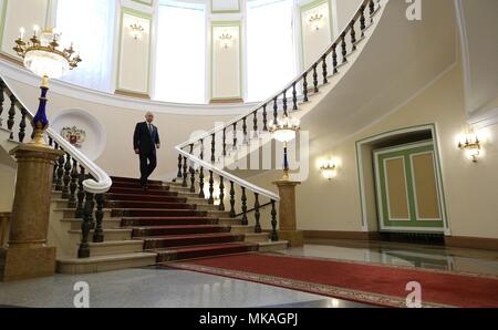 Moscow, Russia. 07th May, 2018. Russian President Vladimir Putin walks through the halls of the Kremlin on his way to be sworn-in for the forth time as the President of the Russian Federation May 7, 2018 in Moscow, Russia. (Kremlin Pool via Credit: Planetpix/Alamy Live News Stock Photo