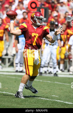 Los Angeles, CA, USA. 05th Sep, 2009. Freshman Quarterback Matt Barkley #7 of USC throws a pass during the game against the San Jose State University at Memorial Coliseum in Los Angeles, CA. Credit: csm/Alamy Live News Stock Photo