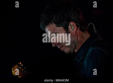 First Direct Arena, Leeds, West Yorkshire, England, UK. Noel Gallagher's High Flying Birds performing live in Leeds. Noel Gallagher looks down at his guitar. Ernesto Rogata/ Alamy Live News. Stock Photo