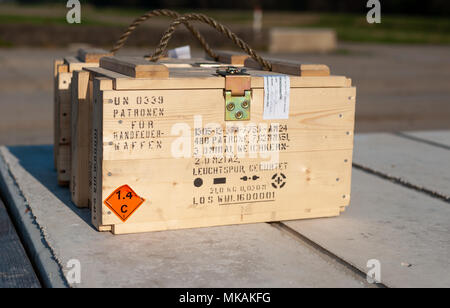 19 April 2018, Germany, Munster: A box of ammunition stands on Bundeswehr training grounds. Photo: Philipp Schulze/dpa Stock Photo