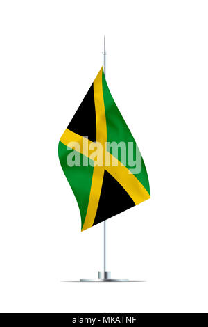 Small Jamaica flag  on a metal pole. The flag has nicely detailed textile texture. Isolated on white background. 3D rendering. Stock Photo