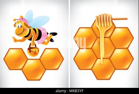 cartoon illustration bee with delicious honey Stock Vector