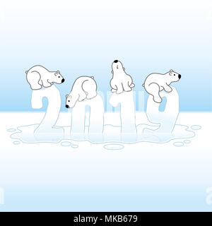 Four Cute Polar Bears Balancing on Melting New Year 2019 with Reflections in an Ice Cold Puddle Stock Photo