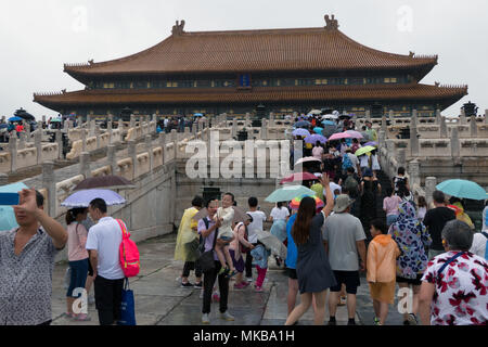 Crowd, people, tourists visiting the Hall of Supreme Harmony within the Forbidden City in Beijing, China, Asia. Travel, holidays, tourism Stock Photo