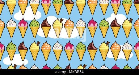 Seamless background pattern of ice cream cones on a bright blue sky Stock Vector