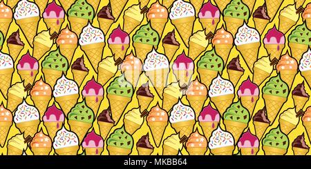 Random background pattern of multi-flavored ice cream cones. Seamless repeat vector Stock Vector