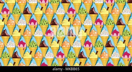 Background pattern of multi-flavored ice cream cones. Seamless repeat vector Stock Vector