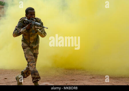 A Djiboutian soldier reacts to simulated contact during the culminating exercise of a five-week training cycle for the newly formed Rapid Intervention Battalion (RIB), a Djiboutian army crisis response unit, at a site outside Djibouti City, May 3, 2018.  U.S. Army Soldiers from Alpha Company, 3rd Battalion, 141st Infantry Regiment, Texas National Guard, assigned to Combined Joint Task Force- Horn of Africa conducted the RIB training. (U.S. Navy Photo by Mass Communication Specialist 2nd Class Timothy M. Ahearn)
