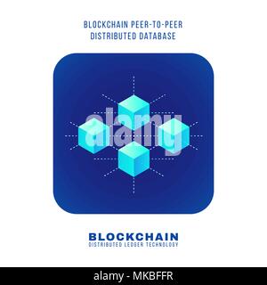 vector colorful flat design blockchain peer-to-peer distributed database principle explain scheme illustration blue rounded square icon isolated white Stock Vector