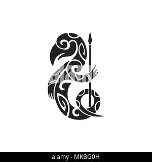 vector black monochrome ink hand drawn native polynesian folk art symbol mythological creature Taniwha illustration isolated white background Stock Vector