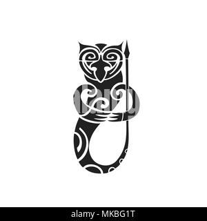 vector black monochrome ink hand drawn native polynesian folk art symbol mythological creature Taniwha illustration isolated white background Stock Vector