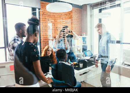 meeting of members of startup business who managing own raging business Stock Photo