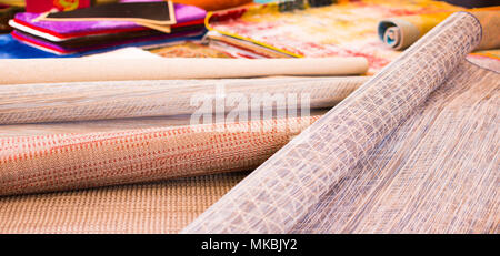 Image of  wicker organic bamboo carpets at interior shop Stock Photo