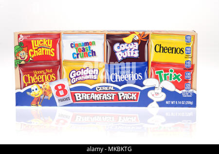 General Mills cereal variety pack of assorted cereals including Lucky Charms, Honey Nut Cheerios Stock Photo