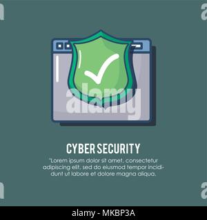 cyber security design with web interface and shield icon over green background, colorful design. vector illustration Stock Vector