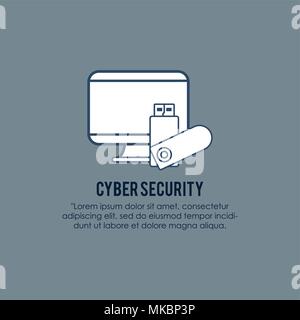 cyber security design with computer and usb icon over gray background, colorful design. vector illustration Stock Vector