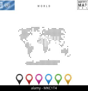 Vector Dotted Map of the World. Simple Contour of the World. Flag of the United Nations. Set of Multicolored Map Markers Stock Vector