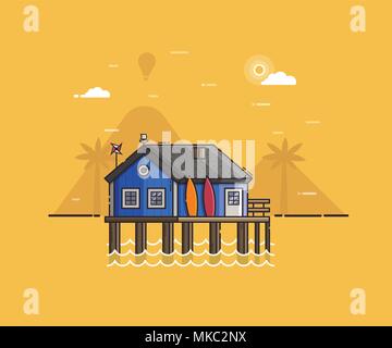 Beach Hut House at Seaside Background Stock Vector