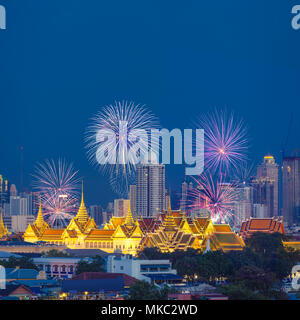 Beautiful fireworks with grand palace and bangkok city Stock Photo