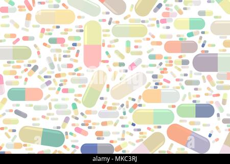 Abstract illustrations of capsules, medicine or pills, conceptual pattern. Good for design background. Pharmacy health conceptual. Vector graphic. Stock Vector