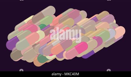 Abstract illustrations of capsules, medicine or pills, conceptual pattern. Good for design background. Pharmacy health conceptual. Vector graphic. Stock Vector