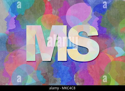 Multiple Sclerosis MS as a neurological disorder abstract symbol as text with people representing the patients of this nervous system disease. Stock Photo