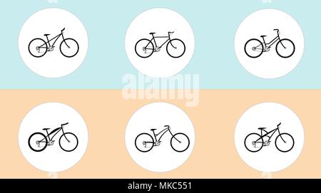 Vector set of bicycles in flat style. Guide of bike types. Poster with road bike, mountain bike, BMX, city and some fictional bike. Blue-orange backgr Stock Vector