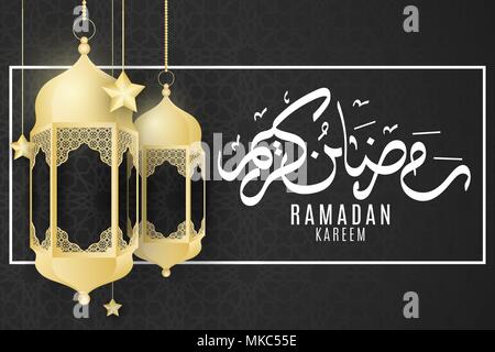 Greeting invitation card for Ramadan Kreem. Golden luxurious lanterns with golden star on a black background with Islamic ornament. Eid Mubarak. Religion Holy Month. Vector illustration. EPS 10 Stock Vector