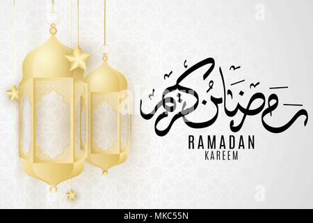 Greeting card for Ramadan Kreem. Golden lanterns and hanging stars on a light background with Islamic ornament. Festive web banner. Hand drawn calligraphy. Vector illustration. EPS 10 Stock Vector