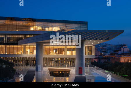 The main entrance of the Acropolis museum at night Stock Photo