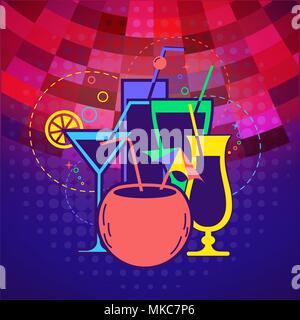 Cocktail party invitation poster in the form of drinks with drinking straw against a dark background. Banner illustration in the linear style Stock Vector