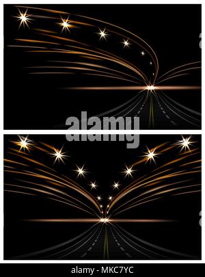 Abstract light effects. Two pictures. Car lanterns. Road in perspective, street, highway, expressway. illustration Stock Vector