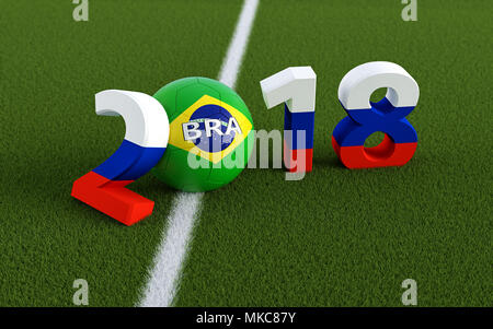 2018 in russian flag colors on a soccer field. A soccer ball in Brazils national colors representing the 0 in 2018. 3D Rendering Stock Photo