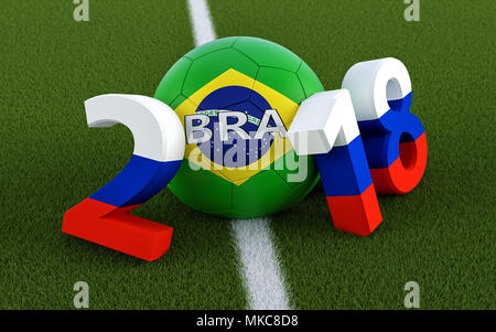 2018 in russian flag colors on a soccer field. A soccer ball in Brazils national colors representing the 0 in 2018. 3D Rendering Stock Photo