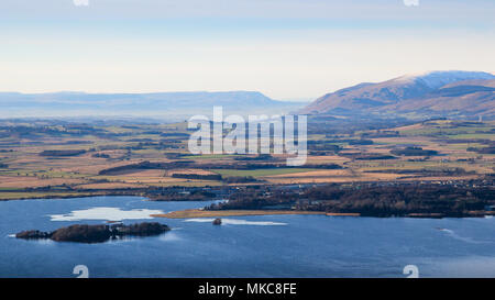 View West from the Lomond Hills towards Kinross, Loch Leven, and distant Ochil hills, Fife, Scotland Stock Photo