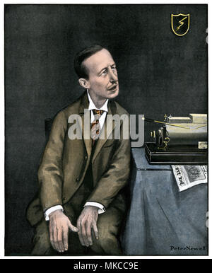 Caricature of Marconi with his wireless, 1903. Hand-colored halftone of an illustration on the cover of Harper's Weekly Stock Photo