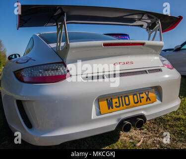 Porsche 911 GT3RS in the car park at the Transatlantic Sunday Breakfast Club, Goodwood Motor Circuit, near Chichester, West Sussex, UK (6th May 2018) Stock Photo