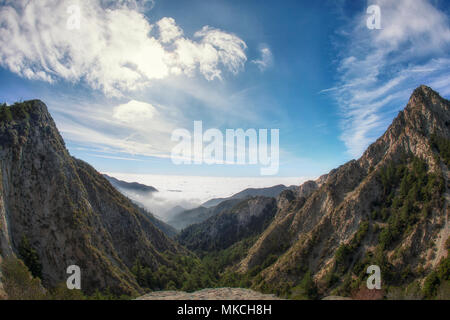 The breathtaking view of Mt. Markham and Mt. Wilson summits from Eaton Saddle Trailhead in Los Angeles National Forest Park, San Gabriel Mountains, California. Stock Photo