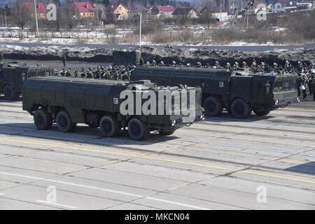 April 7, 2018. - Russia, Moscow region, Alabino. - Iskander mobile short-range ballistic missile systems during the rehearsal of the Victory Parade at the Alabino military training ground.
