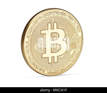 Digital currency. Cryptocurrency. Golden bitcoin isolated on white background. Physical bit coin Stock Photo