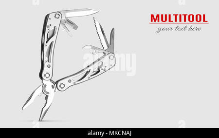stanless steel multitool isolated on grey with copy space Stock Photo