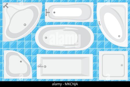 Bathtub top view collection.Vector illustration in flat style. Set of different  tubs types. Stock Vector
