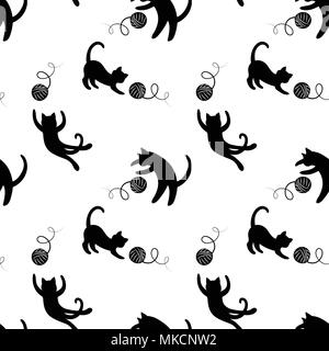 Monochrome seamless pattern with playing cats. Repeating cats background for textile, wrapping paper, wallpaper, scrapbooking Stock Vector