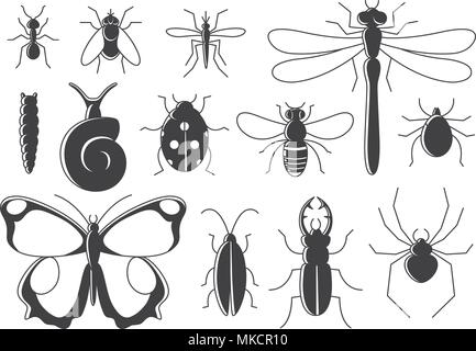 Insects set in flat style. Line art bugs icon collection. Stock Vector