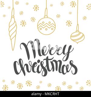 Christmas card design with lettering "Merry Christmas" and hand drawn illustrations. Vector holiday template. Holiday calligraphy - Christmas design e Stock Vector