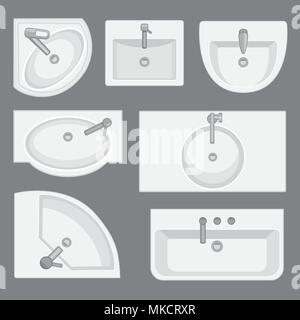 Sinks top view collection.Vector illustration in flat style. Set of different wash basin types. Stock Vector