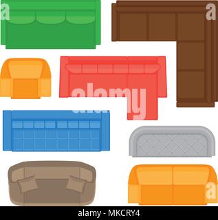Furniture top view collection for interior design.Vector illustration in flat style. Set of different sofas types for floor plan. Stock Vector